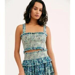Free People Thalia Printed Cropped Blouse Top Smocked Ruffle Blue XS